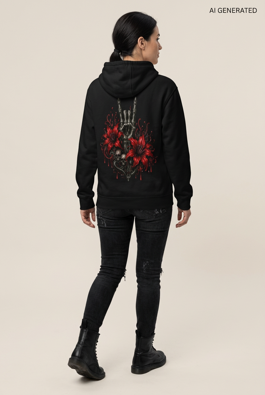 Person von hinten in schwarzem Kapuzenpullover mit Totenkopf und Blumen Grafik auf dem Rücken
