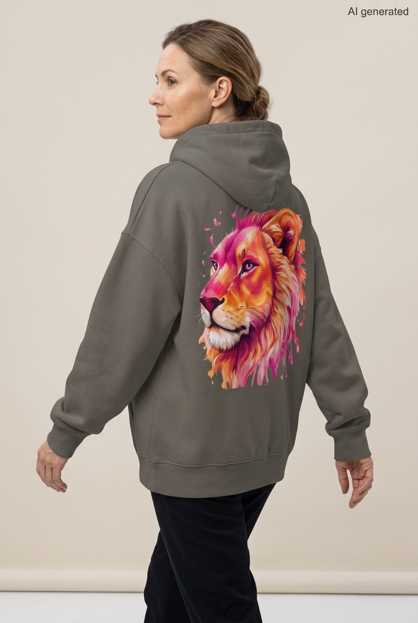 Frau in Rückenansicht mit asphaltgrauem Oversized-Hoodie und großem Löwenkopf in Pink, Orange und Gold. KI-generiertes Mockup.