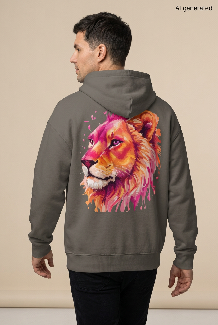 Mann in Rückenansicht mit asphaltgrauem Oversized-Hoodie und großem Löwenkopf in Pink, Orange und Gold. KI-generiertes Mockup.