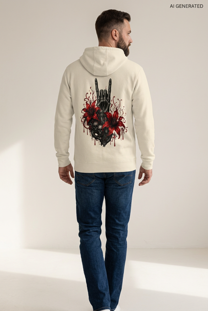Mann von hinten in beigem Kapuzenpullover mit Totenkopf und Blumenmotiv auf dem Rücken