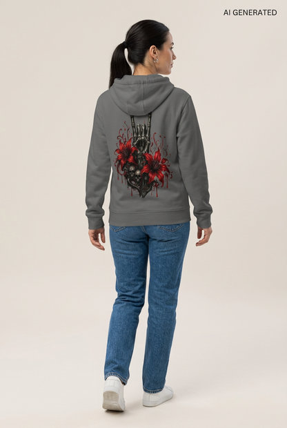 Person von hinten in grauem Kapuzenpullover mit Totenkopf und Blumen Grafik auf dem Rücken