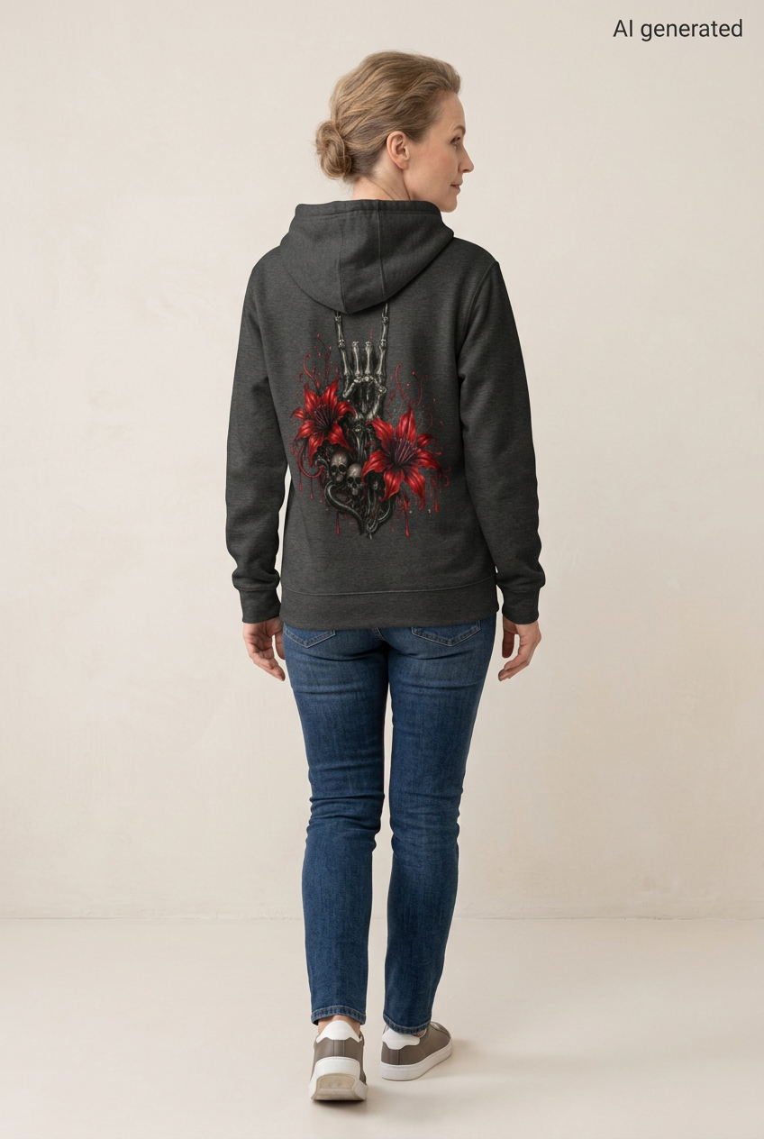 Frau von hinten in dunkelgrauem Kapuzenpullover mit Totenkopf und Blumenmotiv auf dem Rücken