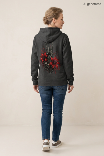 Frau von hinten in dunkelgrauem Kapuzenpullover mit Totenkopf und Blumenmotiv auf dem Rücken