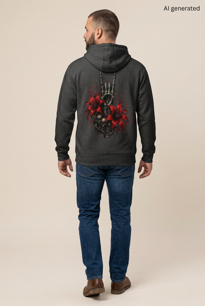 Dunkelgrauer Kapuzenpullover mit Totenkopf und Blumenmotiv auf dem Rücken an einem Mann