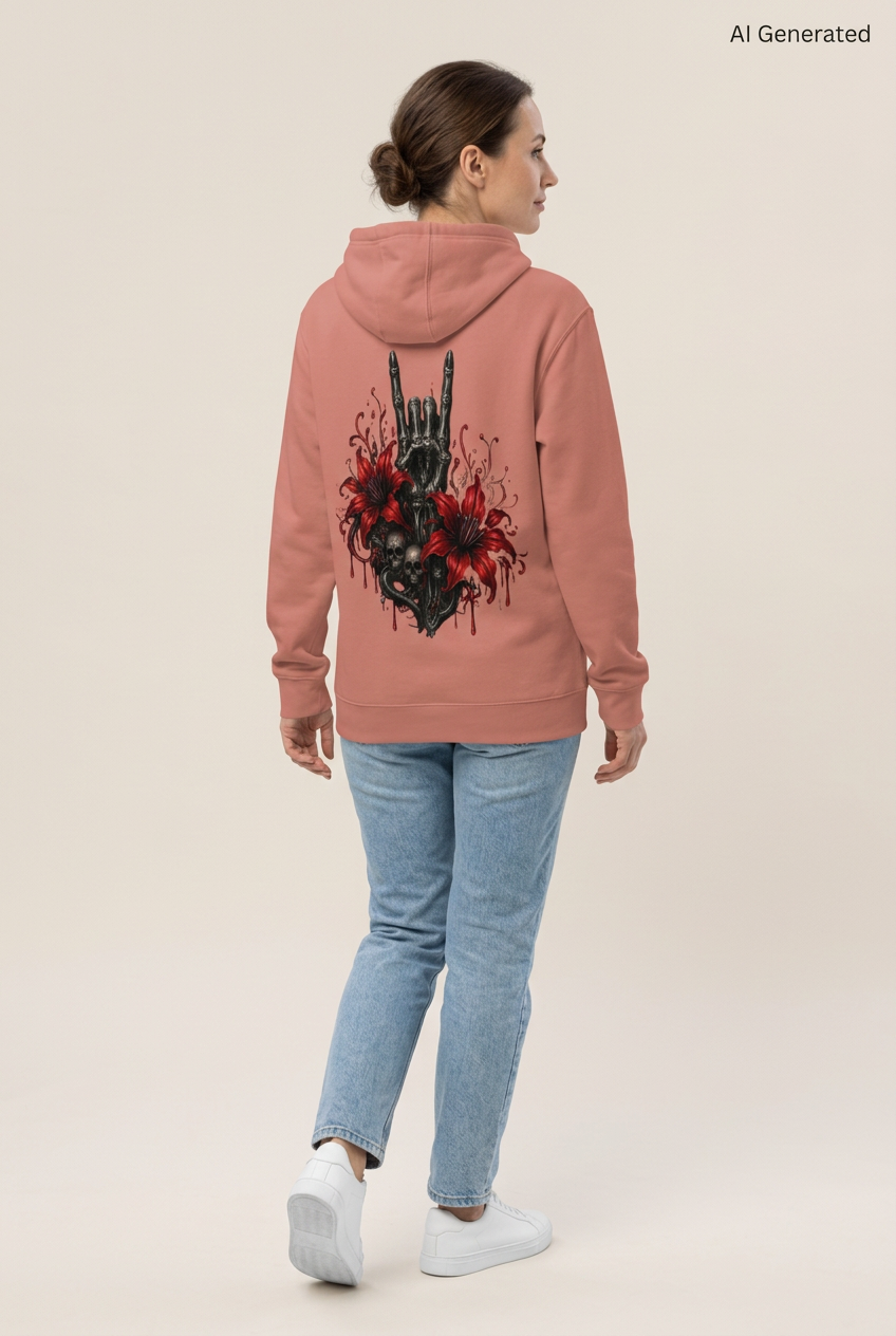 Person von hinten in altrosa Kapuzenpullover mit Totenkopf und Blumen Grafik