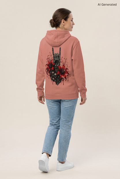 Person von hinten in altrosa Kapuzenpullover mit Totenkopf und Blumen Grafik