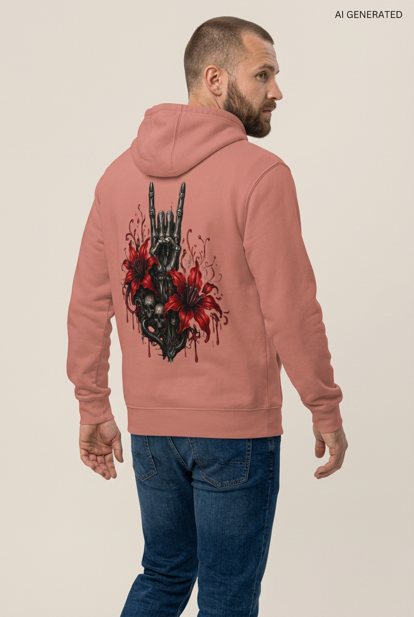 Mann von hinten mit altrosa Kapuzenpullover und Totenkopf Handzeichen Grafik mit roten Lilien