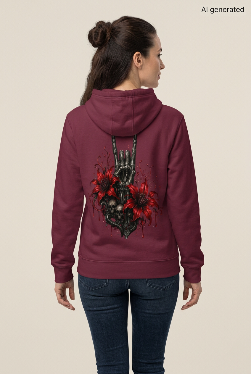 Dunkelroter Kapuzenpullover mit Rueckenprint aus Totenkopf Handgeste und roten Lilien