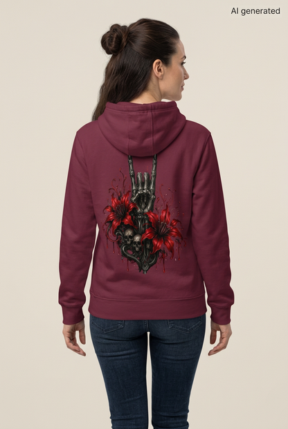 Dunkelroter Kapuzenpullover mit Rueckenprint aus Totenkopf Handgeste und roten Lilien