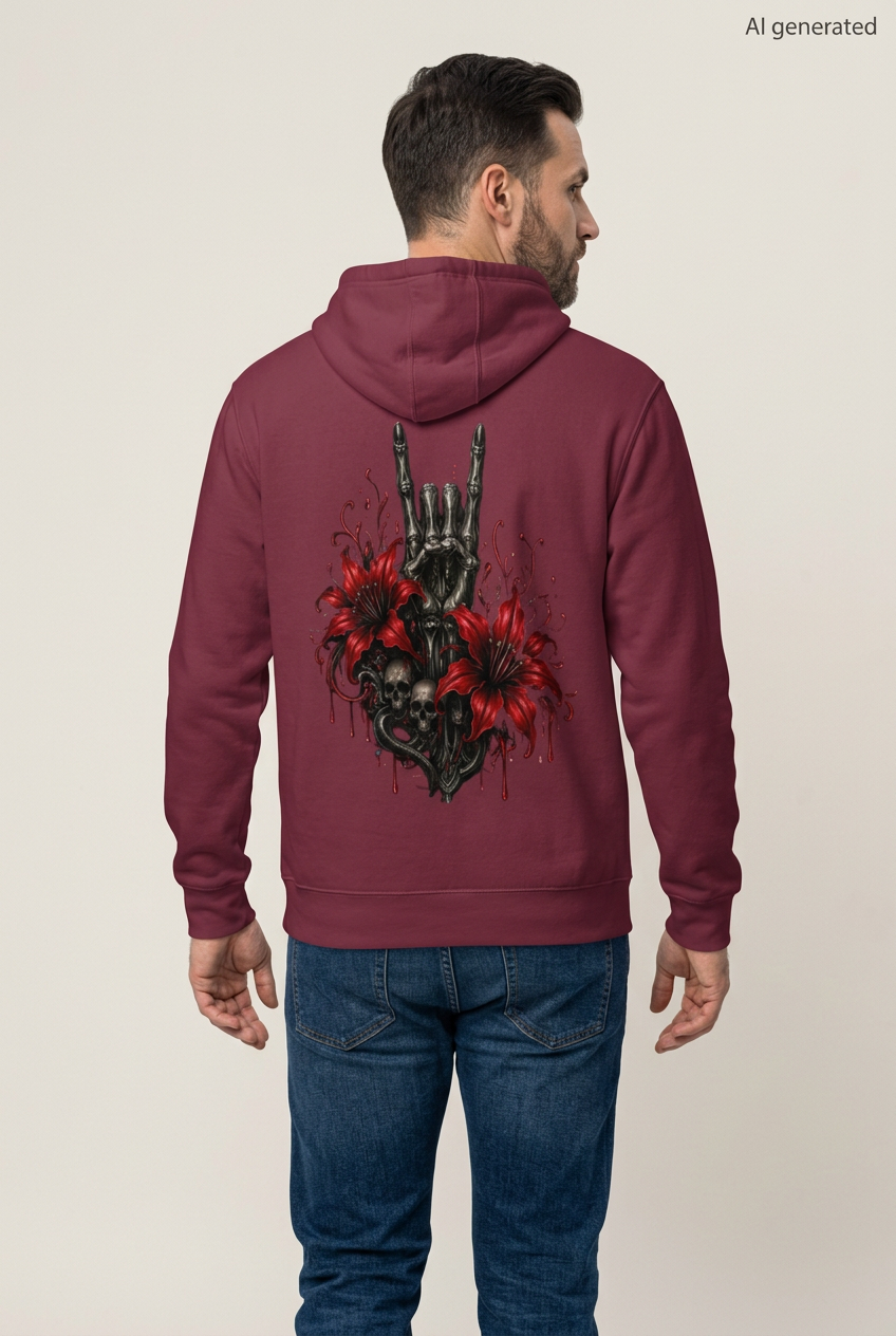 Mann von hinten mit weinrotem Kapuzenpullover mit Totenkopf und Blumen Grafik