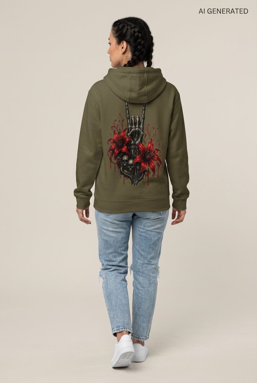 Rueckansicht eines olivgruenen Kapuzenpullovers mit Totenkopf und Blumenmotiv auf dem Ruecken