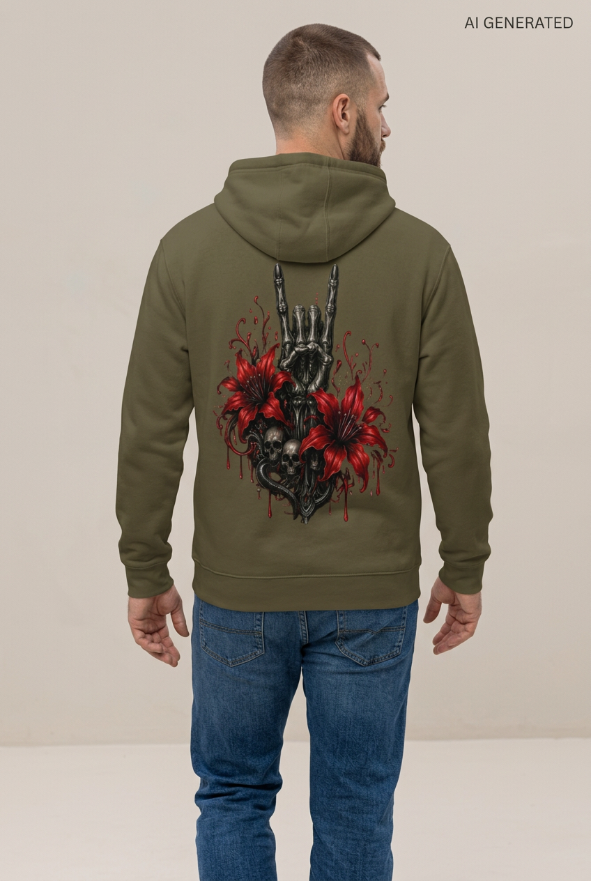 Olivgrüner Kapuzenpullover mit Totenkopf und Lilien Grafik auf dem Rücken