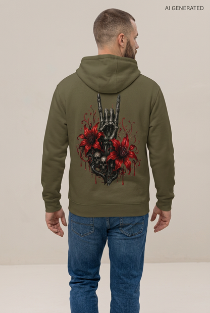 Olivgrüner Kapuzenpullover mit Totenkopf und Lilien Grafik auf dem Rücken