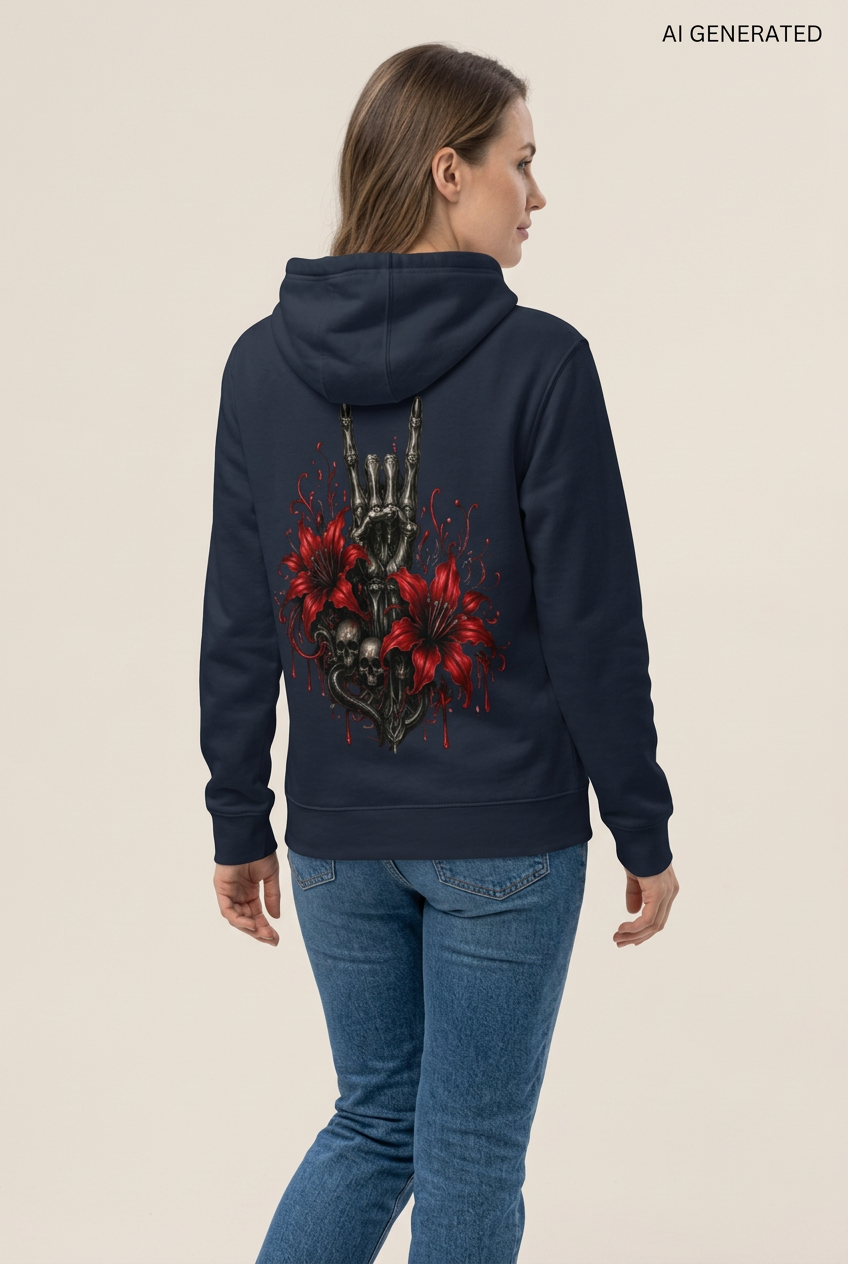 Dunkelblauer Kapuzenpullover mit Skeletthand und roten Lilien auf dem Rücken