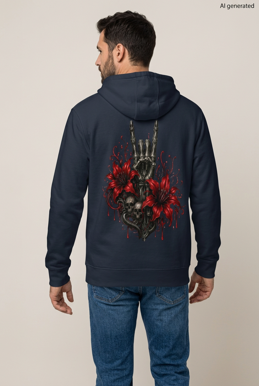 Dunkelblauer Kapuzenpullover mit Totenkopf Handzeichen und roten Lilien auf dem Ruecken