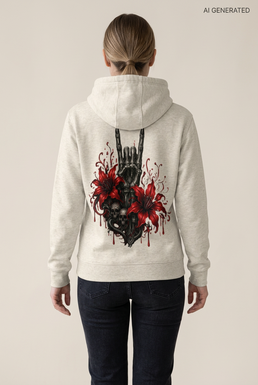 Beiger Kapuzenpullover mit Totenkopf Handzeichen und roten Lilien auf dem Rücken
