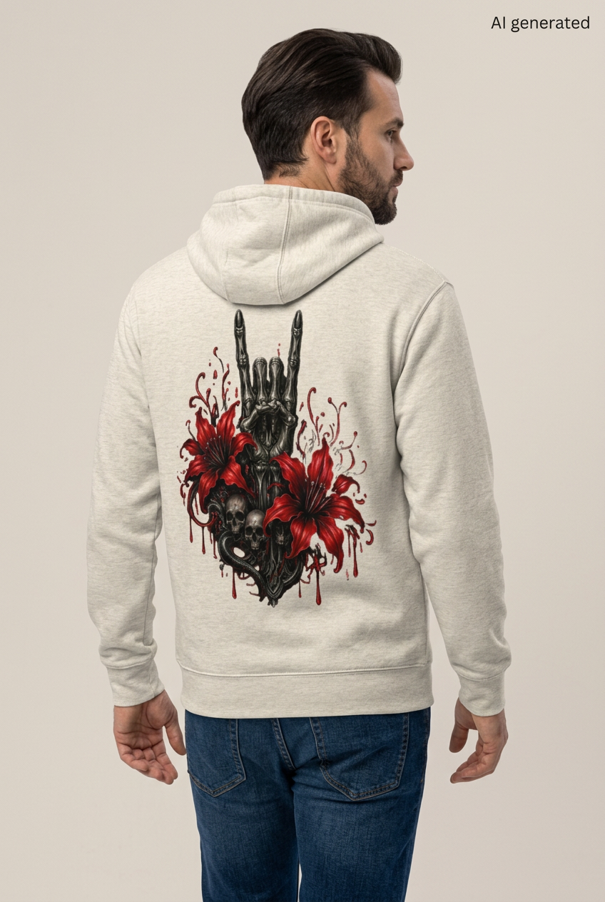 Beiger Kapuzenpullover mit Rueckenprint aus Totenkopf Handzeichen und roten Lilien