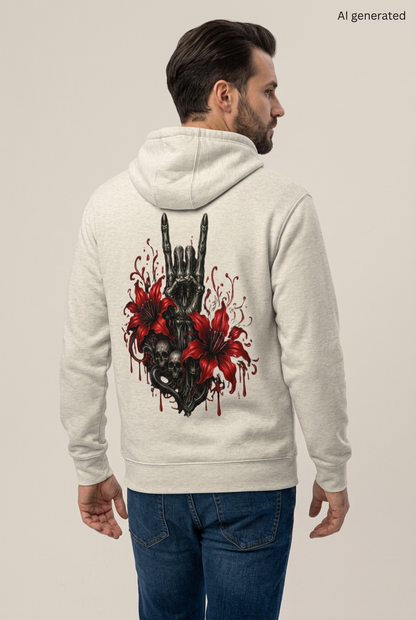 Beiger Kapuzenpullover mit Rueckenprint aus Totenkopf Handzeichen und roten Lilien