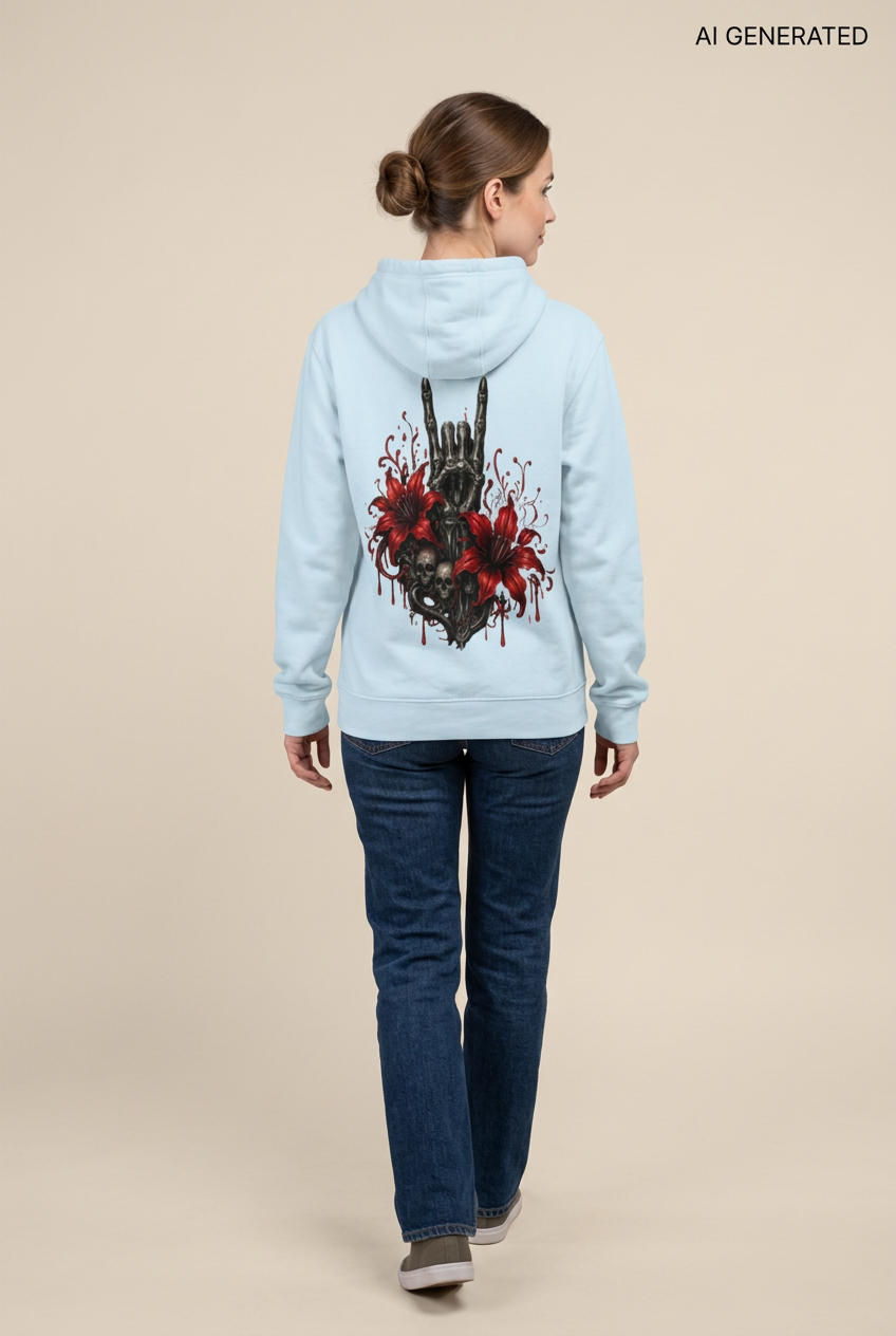 Hellblauer Kapuzenpullover mit Totenkopf und Blumenmotiv auf dem Rücken