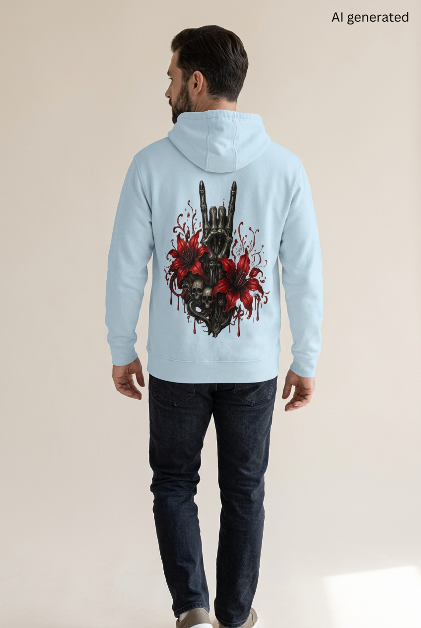Hellblauer Kapuzenpullover mit Rueckenprint einer Hand mit Totenkopf und roten Lilien