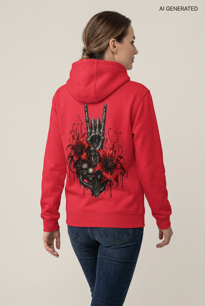 Roter Kapuzenpullover mit Skeletthand und Blumenmotiv auf dem Ruecken