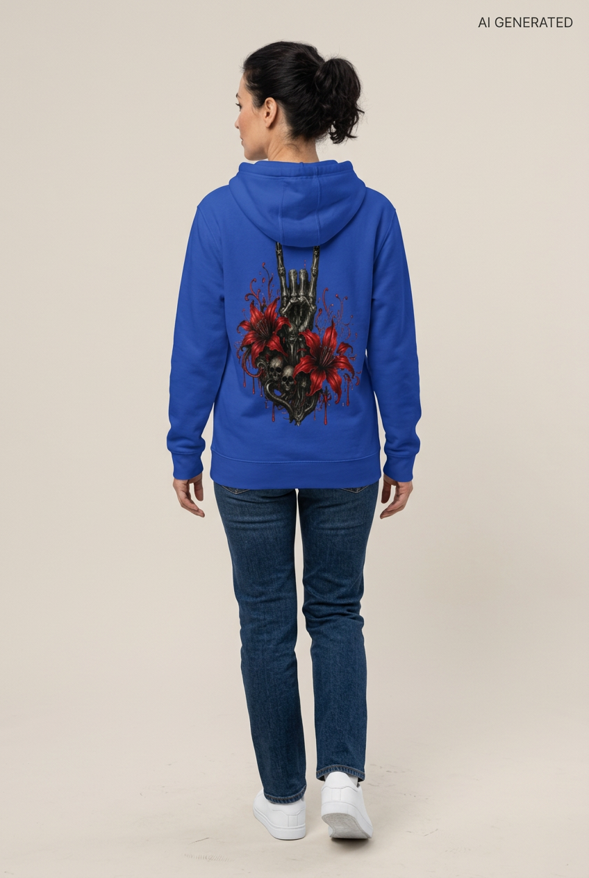 Person von hinten mit blauem Kapuzenpullover und Totenkopf sowie Blumen Grafik auf dem Rücken