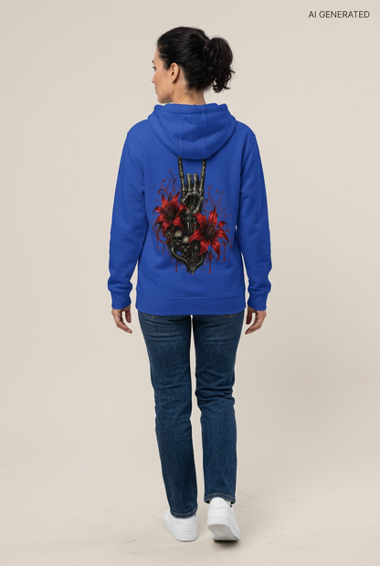 Person von hinten mit blauem Kapuzenpullover und Totenkopf sowie Blumen Grafik auf dem Rücken