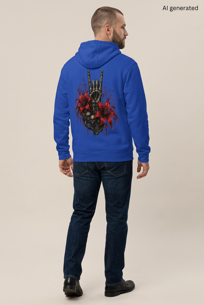 Blauer Kapuzenpullover mit Totenkopf und Lilien Grafik auf dem Rücken