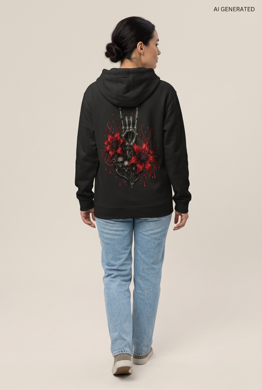 Person von hinten in schwarzem Kapuzenpullover mit Totenkopf und Blumen Grafik auf dem Rücken