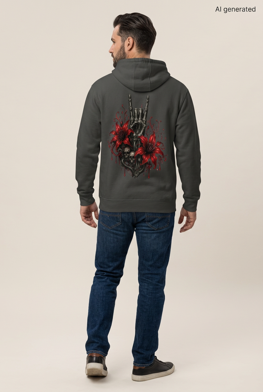 Mann von hinten mit dunkelgrauem Kapuzenpullover und Totenkopf sowie Blumenmotiv auf dem Rücken