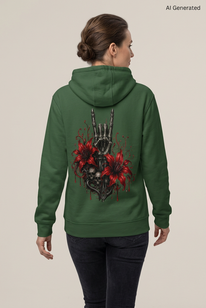 Dunkelgrüner Kapuzenpullover mit Totenkopf und Blumenmotiv auf dem Rücken