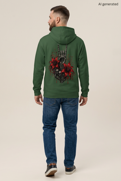Mann von hinten mit olivgrünem Kapuzenpullover und Totenkopf-Blumen-Grafik auf dem Rücken