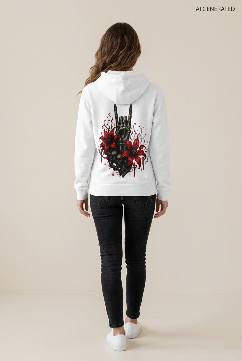 Weißer Kapuzenpullover mit Totenkopf Handzeichen und roten Blumen auf dem Rücken