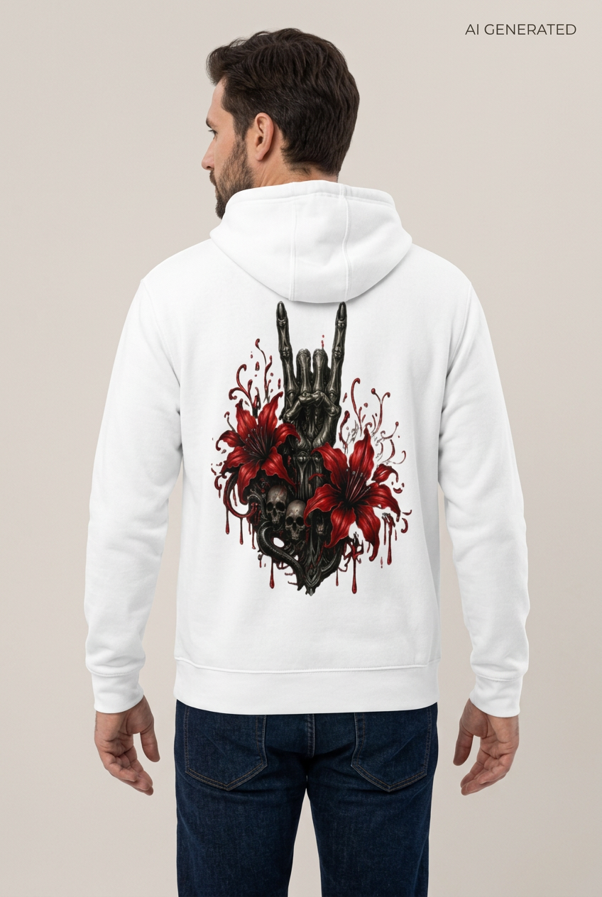 Weisser Kapuzenpullover mit Rueckenprint von Skeletthand mit roten Lilien und Totenkopf