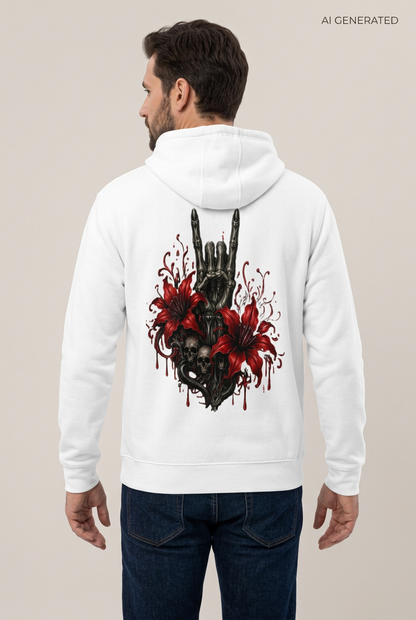 Weisser Kapuzenpullover mit Rueckenprint von Skeletthand mit roten Lilien und Totenkopf