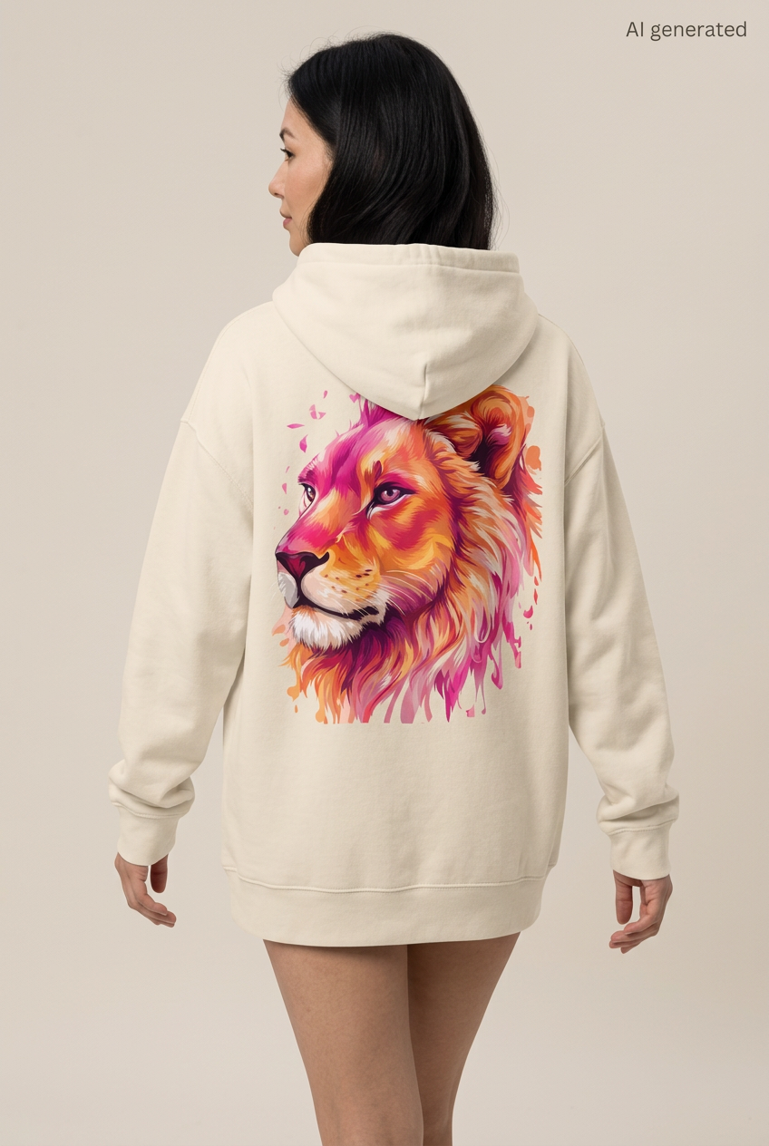 Frau in Rückenansicht mit cremefarbenem Oversized-Hoodie und großem Löwenkopf in Pink, Orange und Gold. KI-generiertes Mockup.