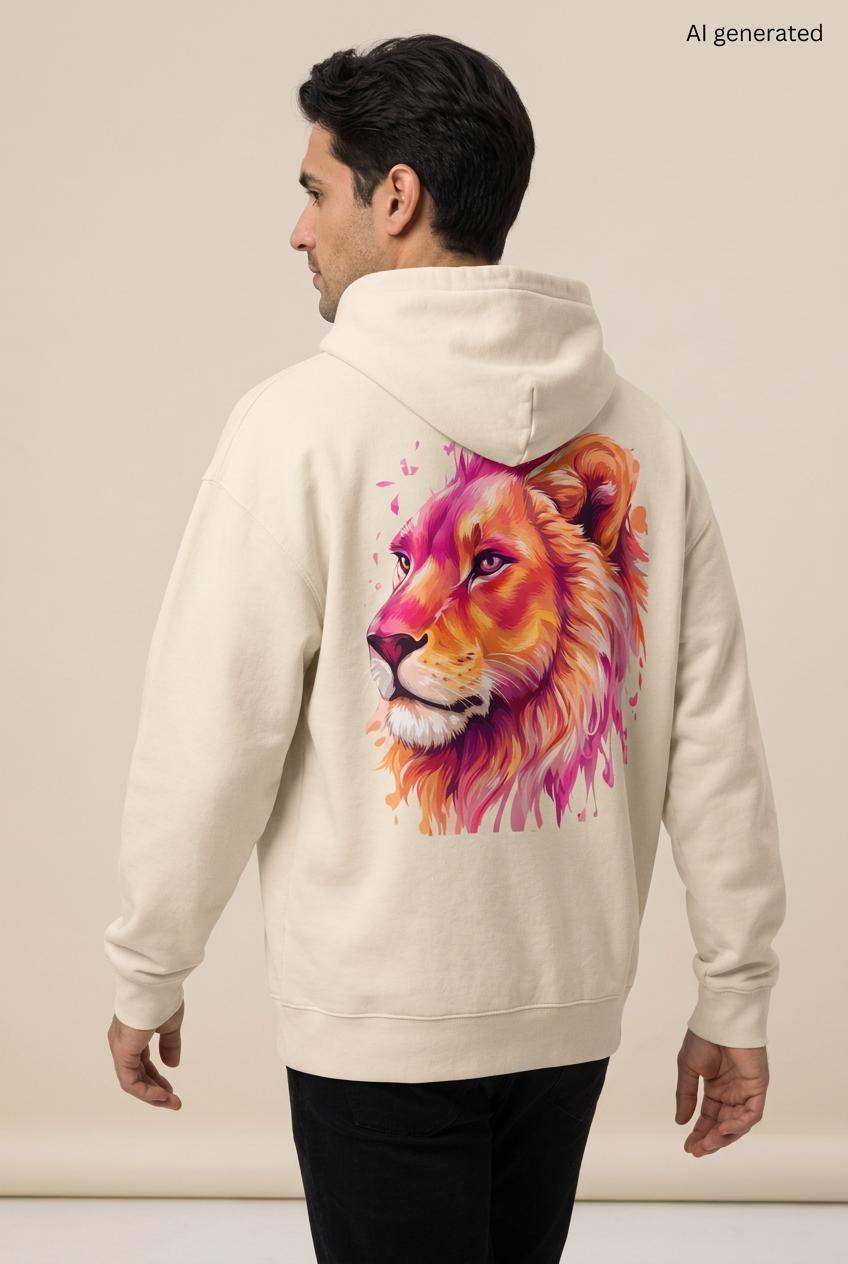 Mann in Rückenansicht mit cremefarbenem Oversized-Hoodie und großem Löwenkopf in Pink, Orange und Gold. KI-generiertes Mockup.