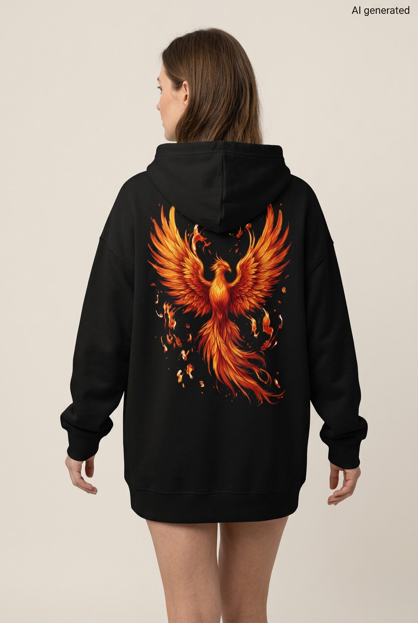 Feuer-Phönix-Hoodie Schwarz, Frau