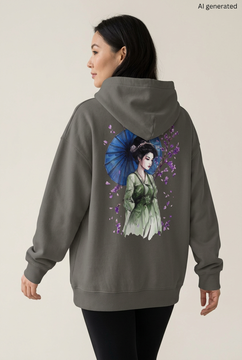 Frau mit asphaltgrauem Oversized-Hoodie, Rückenmotiv einer Maiko im grünen Kimono mit blauem Schirm und violetten Blüten. KI-generiertes Mockup.