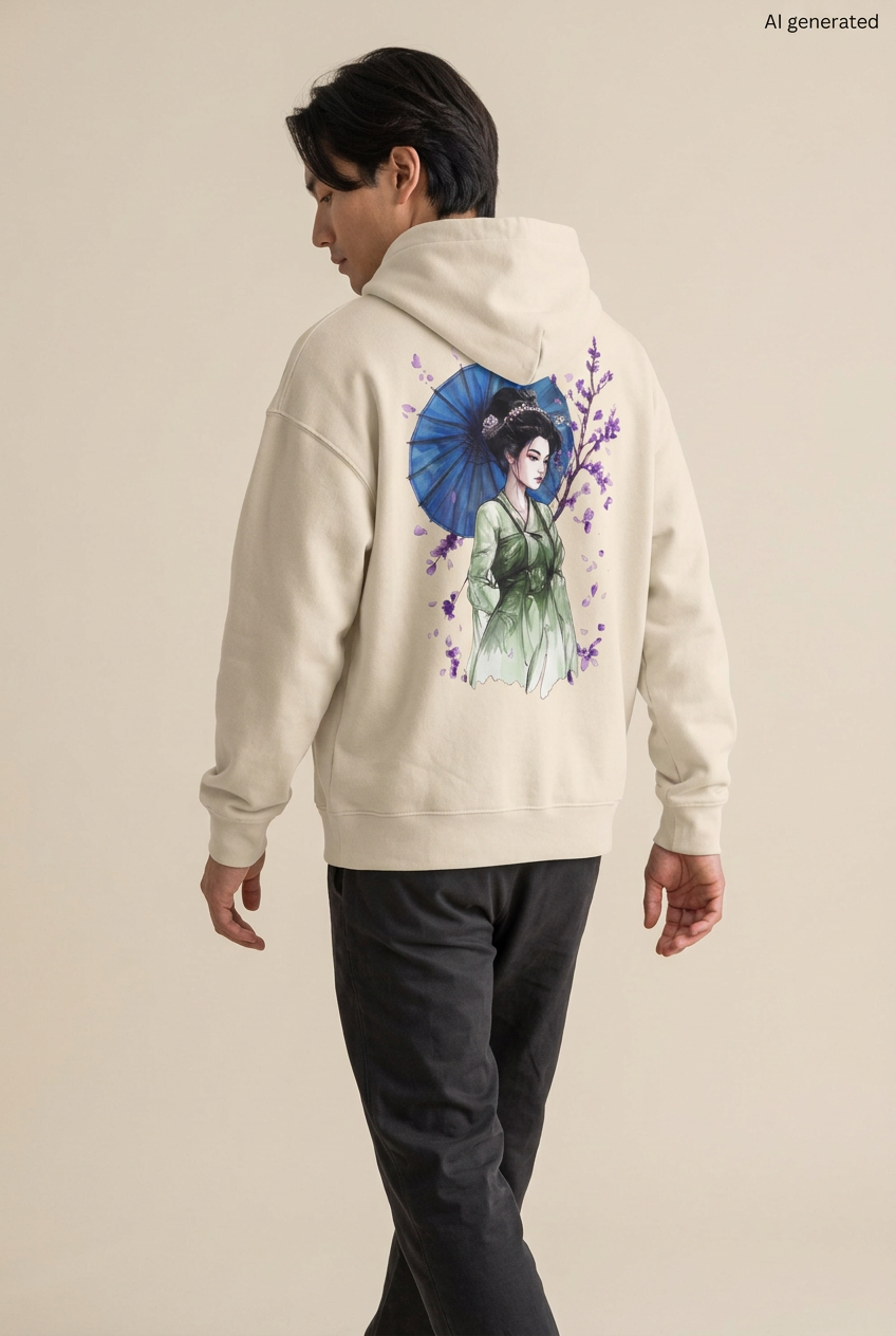 Mann mit cremefarbenem Oversized-Hoodie, Rückenmotiv einer Maiko im grünen Kimono mit blauem Schirm und violetten Blüten. KI-generiertes Mockup.