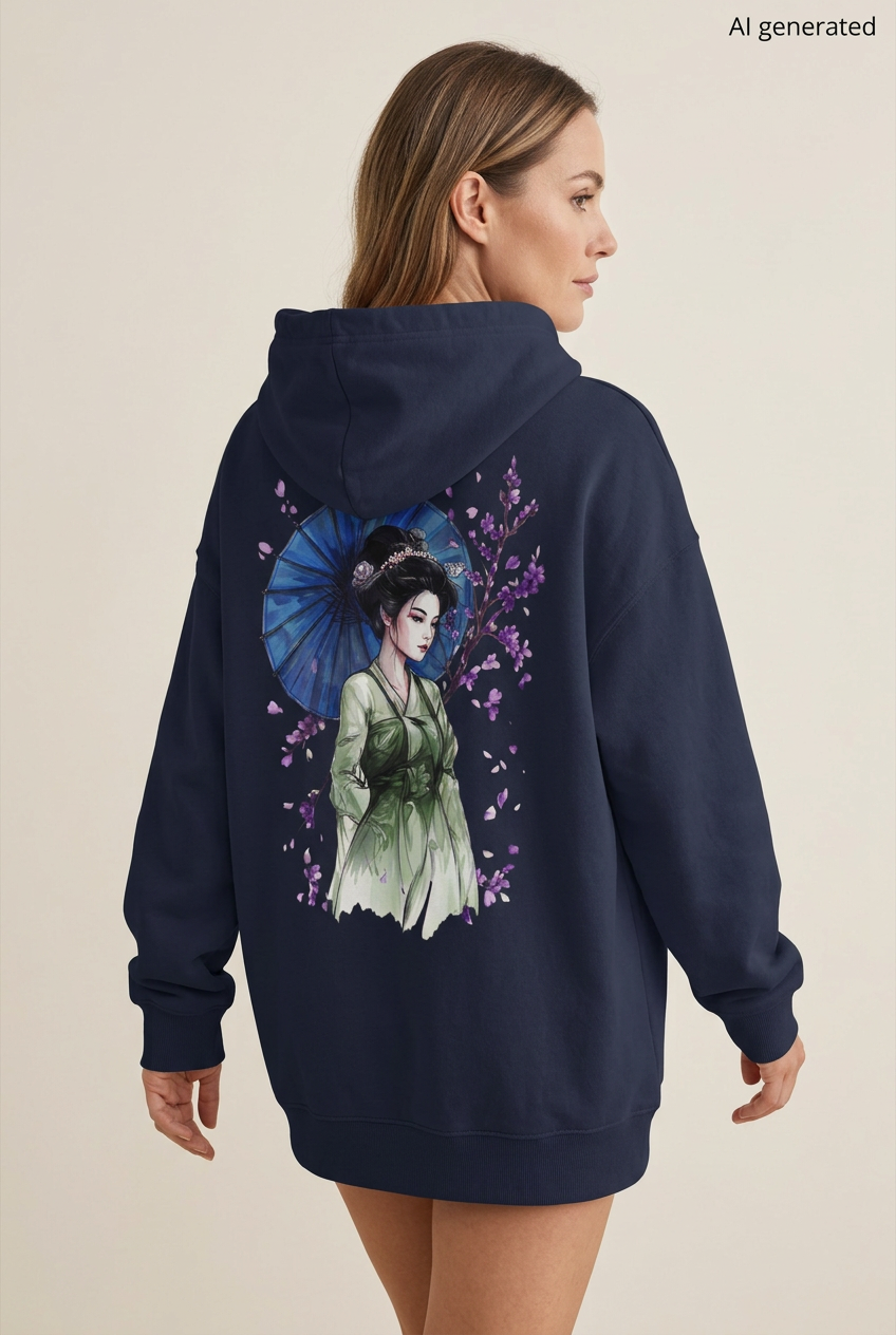 Frau mit dunkelblauem Oversized-Hoodie, Rückenmotiv einer Maiko im grünen Kimono mit blauem Schirm und violetten Blüten. KI-generiertes Mockup.