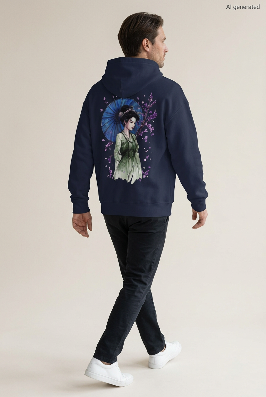 Mann mit dunkelblauem Oversized-Hoodie, Rückenmotiv einer Maiko im grünen Kimono mit blauem Schirm und violetten Blüten. KI-generiertes Mockup.