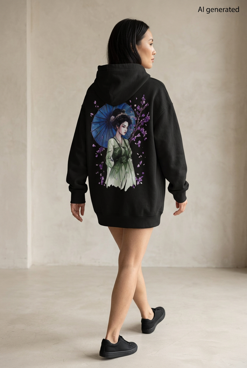 Frau mit schwarzem Oversized-Hoodie, Rückenmotiv einer Maiko im grünen Kimono mit blauem Schirm und violetten Blüten. KI-generiertes Mockup.