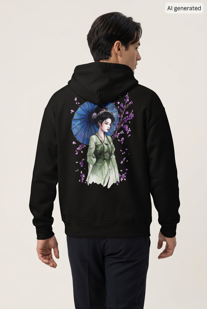 Mann mit schwarzem Oversized-Hoodie, Rückenmotiv einer Maiko im grünen Kimono mit blauem Schirm und violetten Blüten. KI-generiertes Mockup.