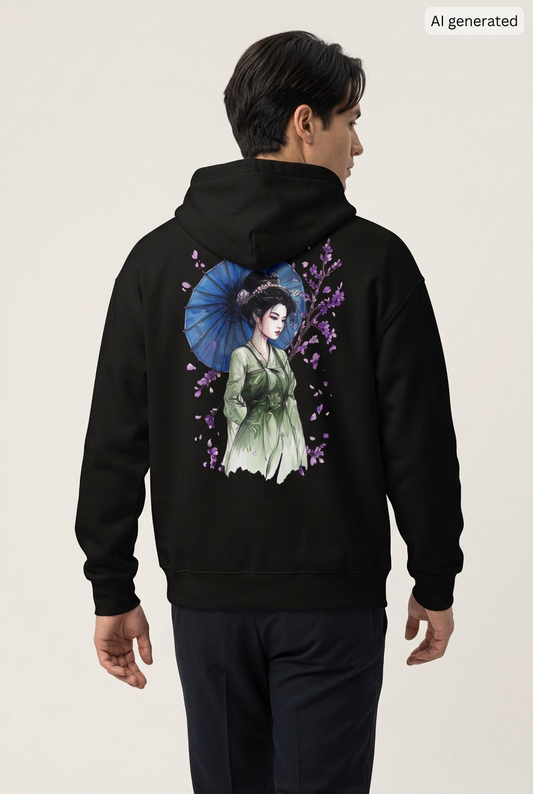 Mann mit schwarzem Oversized-Hoodie, Rückenmotiv einer Maiko im grünen Kimono mit blauem Schirm und violetten Blüten. KI-generiertes Mockup.