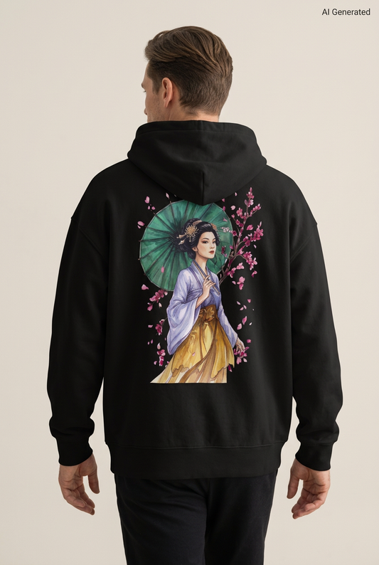 Mann mit schwarzem Oversized-Hoodie, Rückenmotiv einer Maiko im lila-goldenen Kimono mit grünem Schirm und rosa Blüten. KI-generiertes Mockup.