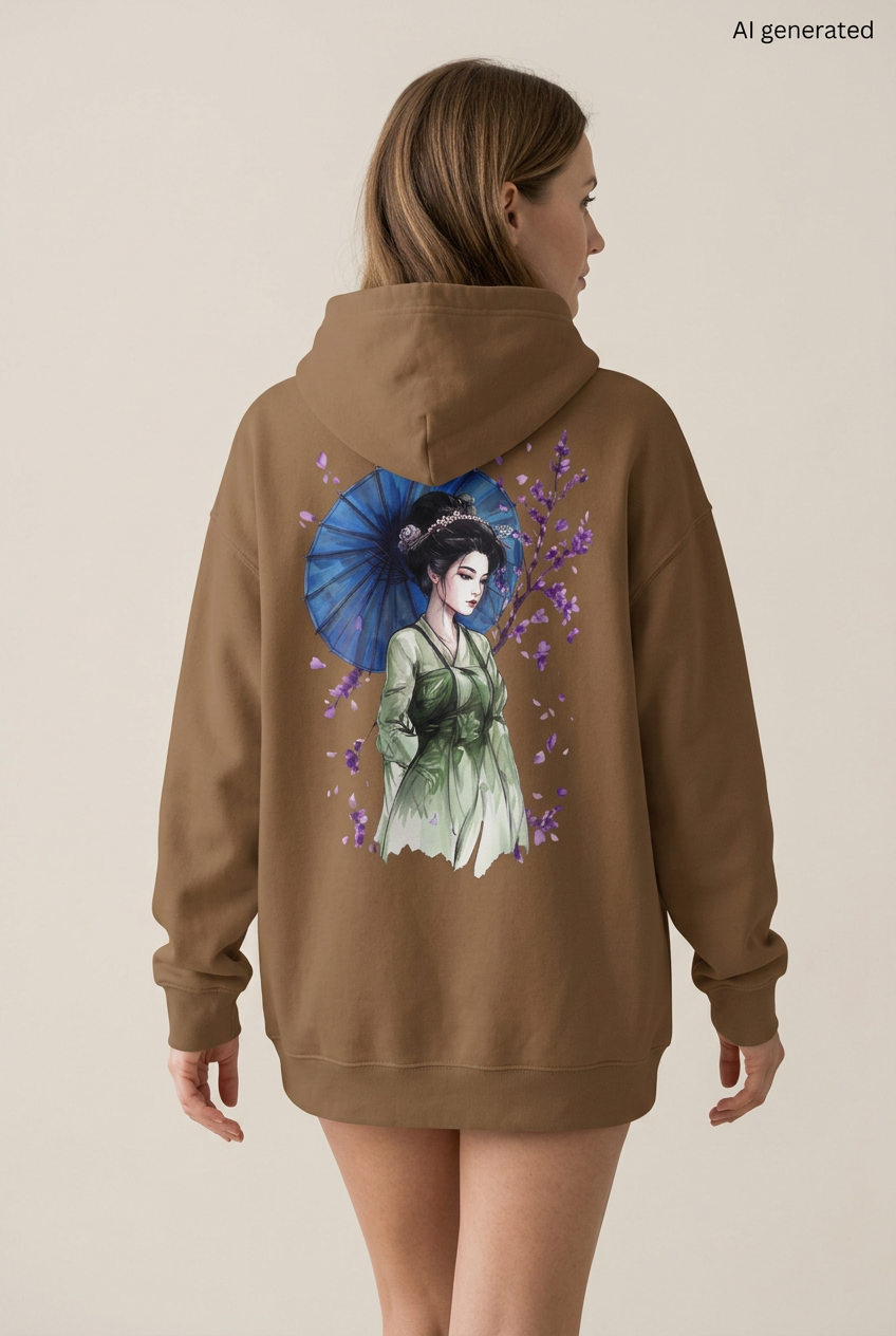 Frau mit braunem Oversized-Hoodie, Rückenmotiv einer Maiko im grünen Kimono mit blauem Schirm und violetten Blüten. KI-generiertes Mockup.