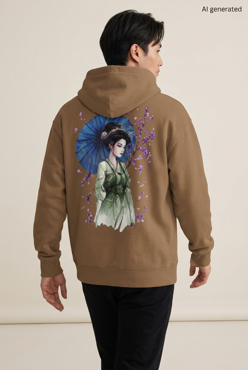 Mann mit braunem Oversized-Hoodie, Rückenmotiv einer Maiko im grünen Kimono mit blauem Schirm und violetten Blüten. KI-generiertes Mockup.