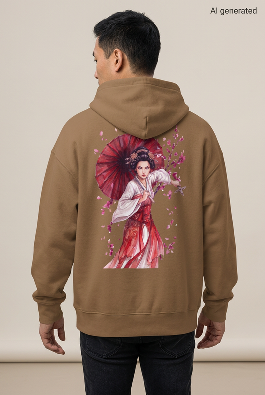 Mann mit braunem Oversized-Hoodie, Rückenmotiv einer Maiko im rot-weißen Kimono mit rotem Schirm und rosa Blüten. KI-generiertes Mockup.