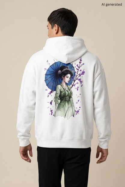 Mann mit weißem Oversized-Hoodie, Rückenmotiv einer Maiko im grünen Kimono mit blauem Schirm und violetten Blüten. KI-generiertes Mockup.⠋